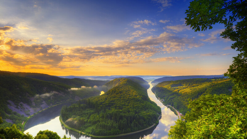 River Bend in Forested Valley — Green