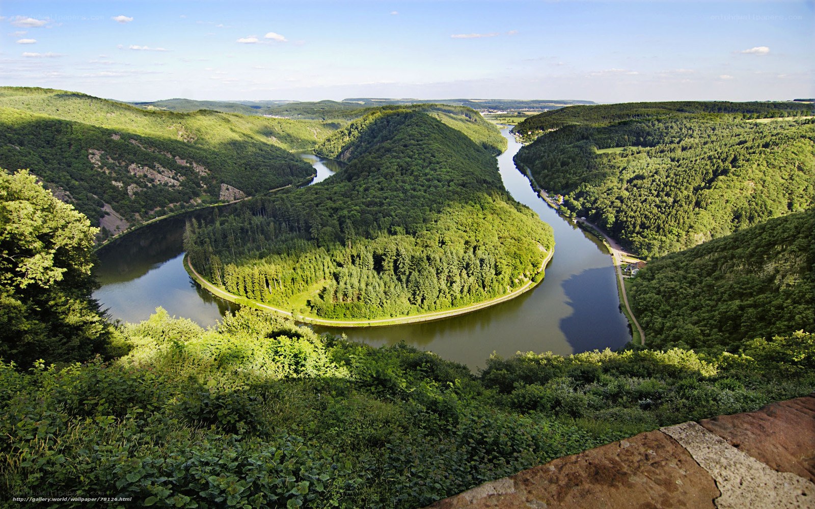 river bend in forested valley