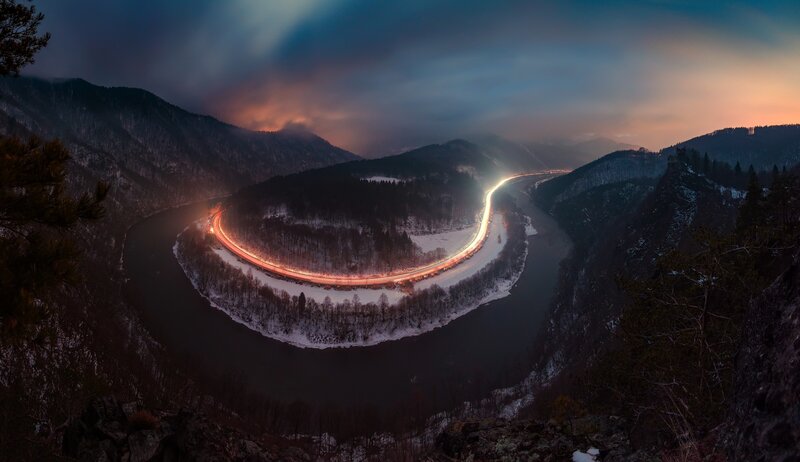 River Bend with Light Trails