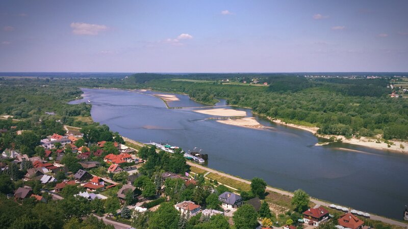 River Bend with Town — Blue, Serene
