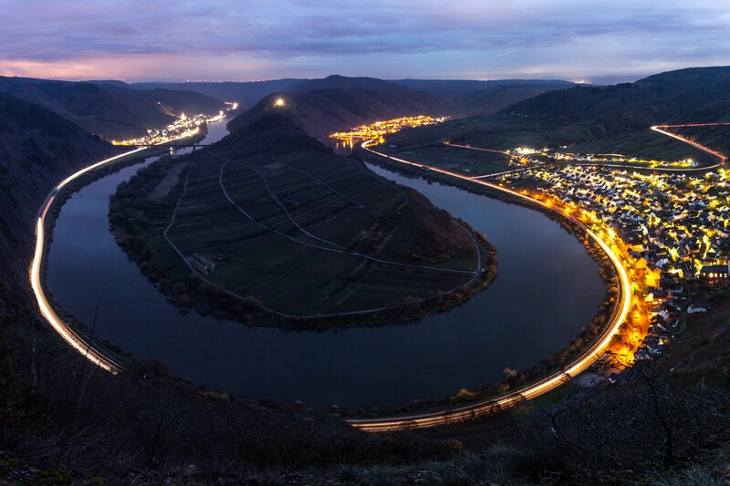 River Bend with Town — Blue