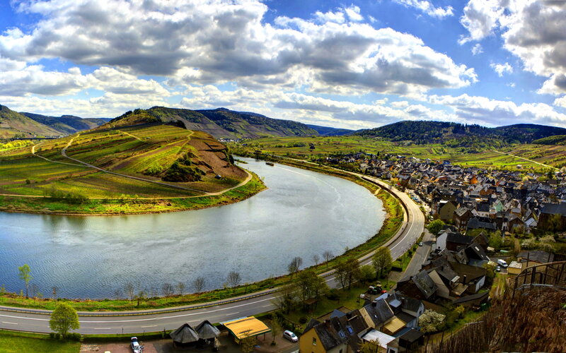 River Bend with Vineyards — Blue, Serene