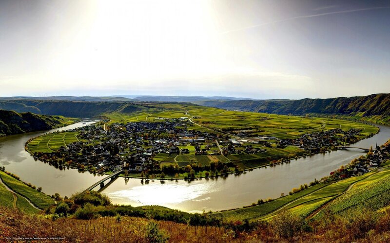 River Bend with Vineyards — Green, Serene, Afternoon, Photograph, Village