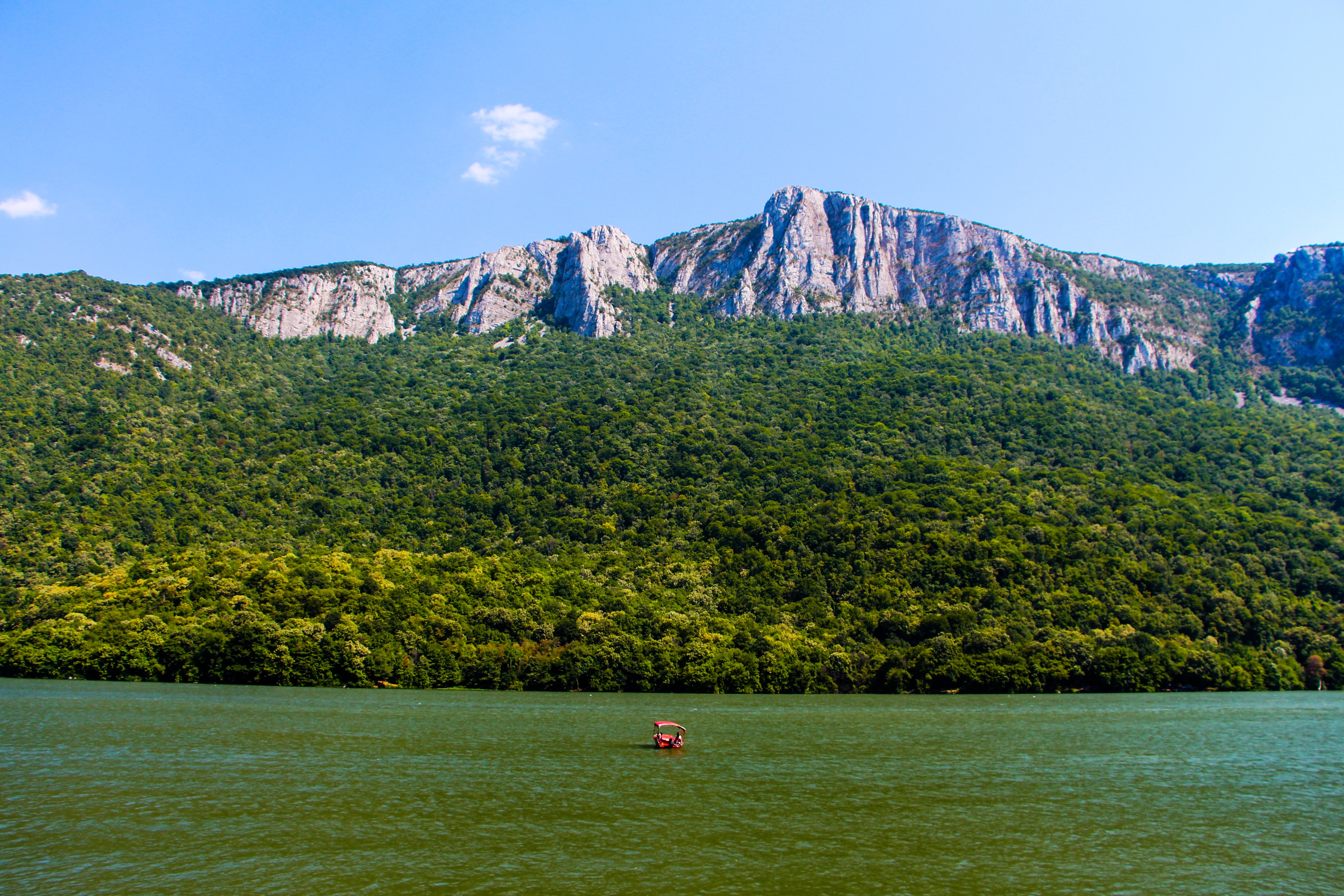 river boat near forested cliffs