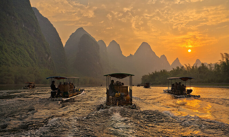 River Boats at Sunset — Orange
