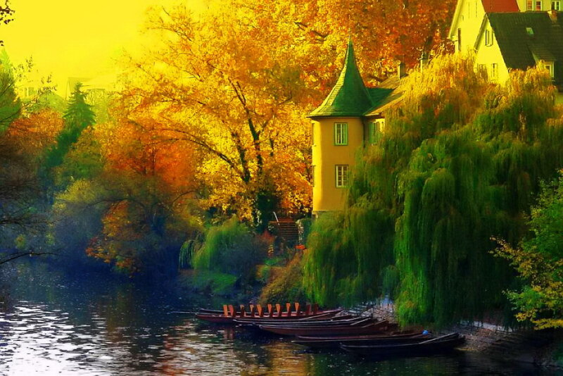 River Boats at Sunset — Yellow