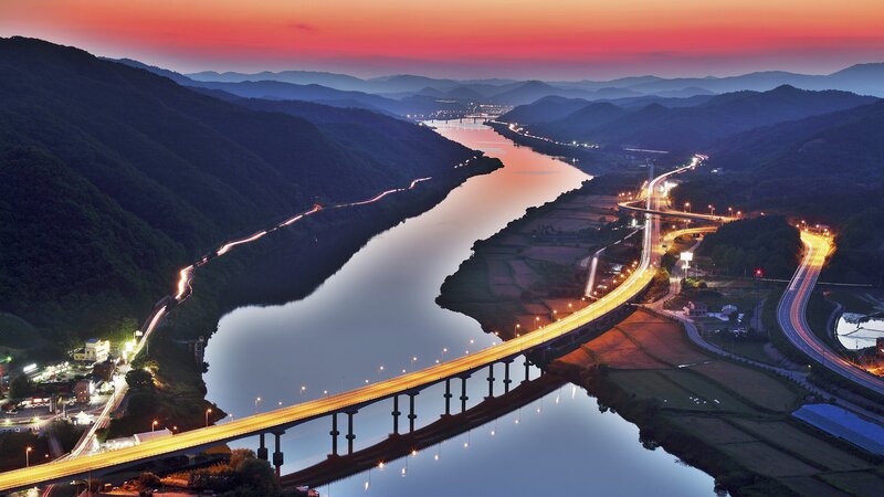 River Bridge at Dusk — Red, Serene, Sunset