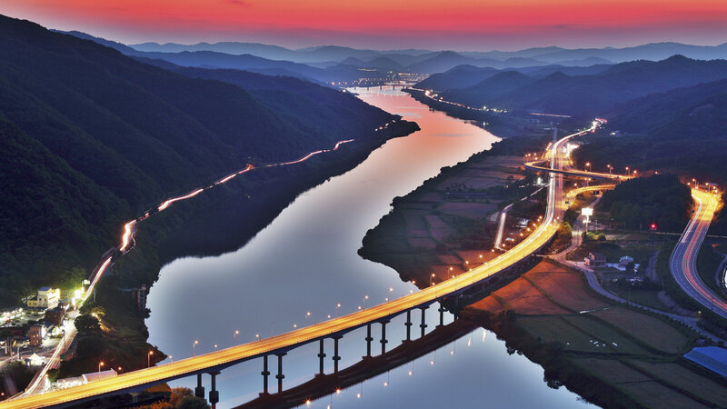 River Bridge at Dusk — Red, Serene