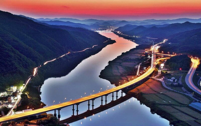 River Bridge at Dusk — Red
