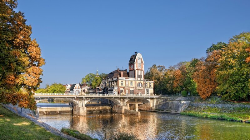 River Bridge with Clock Tower — Blue, Serene, Autumn