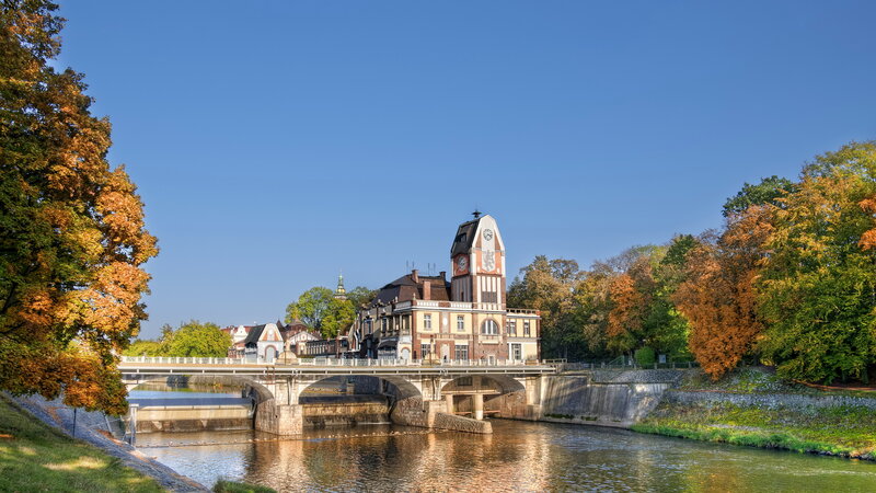 River Bridge with Clock Tower — Blue, Serene