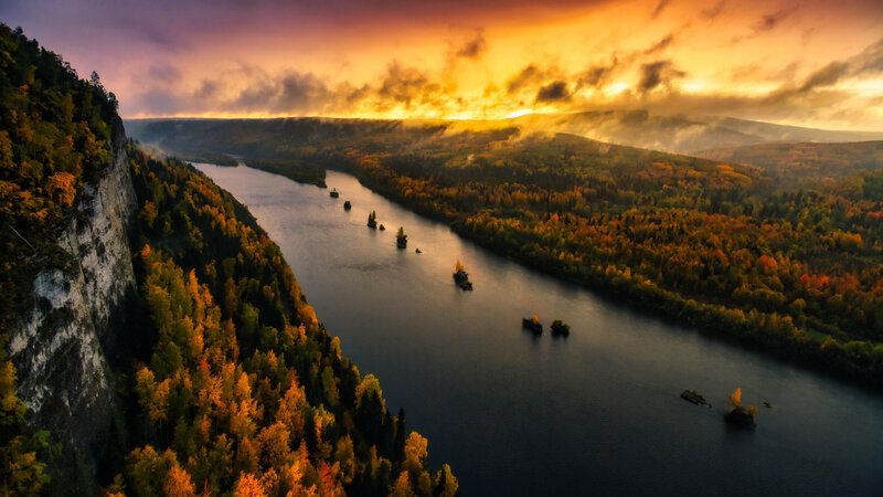 River Canyon at Sunset — Orange, Dramatic, Photograph, Forest