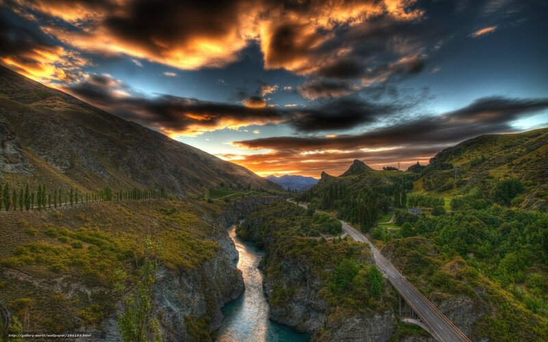 River Canyon at Sunset — Orange, Dramatic, Photograph, Mountains, Road, Bridge