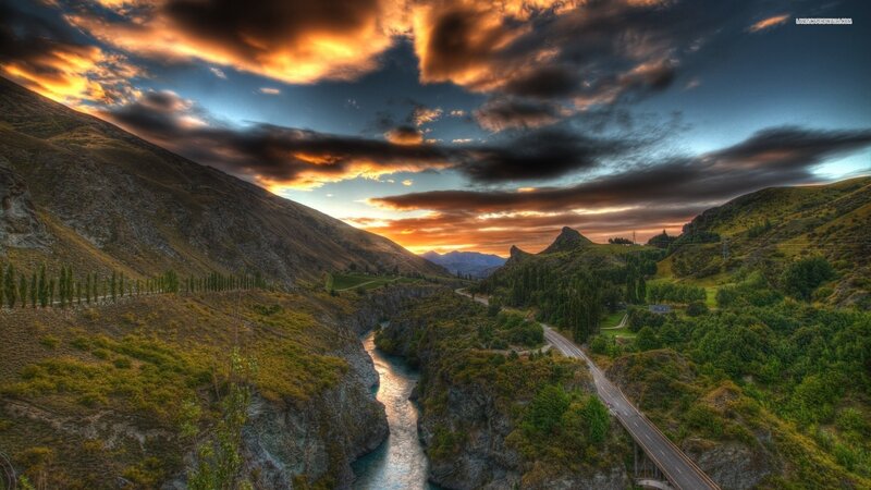 River Canyon at Sunset — Orange, Dramatic, Photograph, Mountains, Road, Clouds