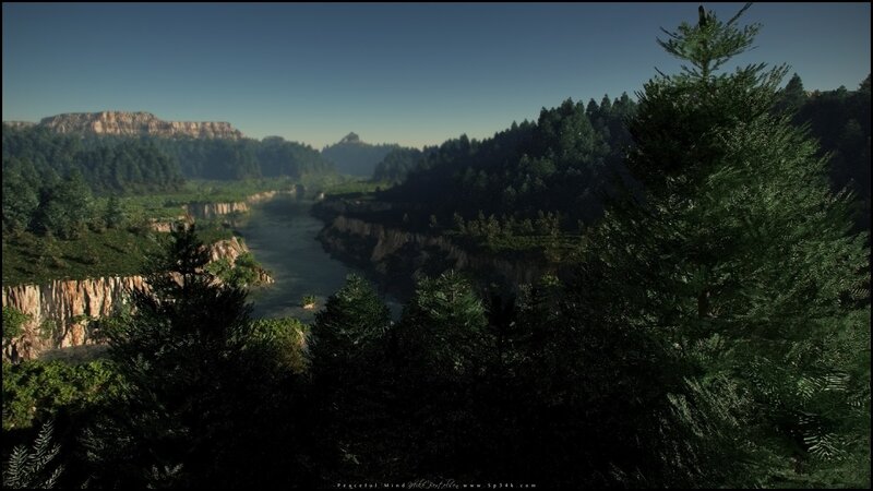 River Canyon Landscape — Green, Serene, Afternoon, Digital Art, Trees