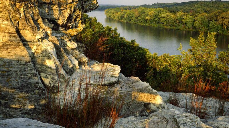 River Canyon Landscape — Green, Serene, Sunset, Photograph
