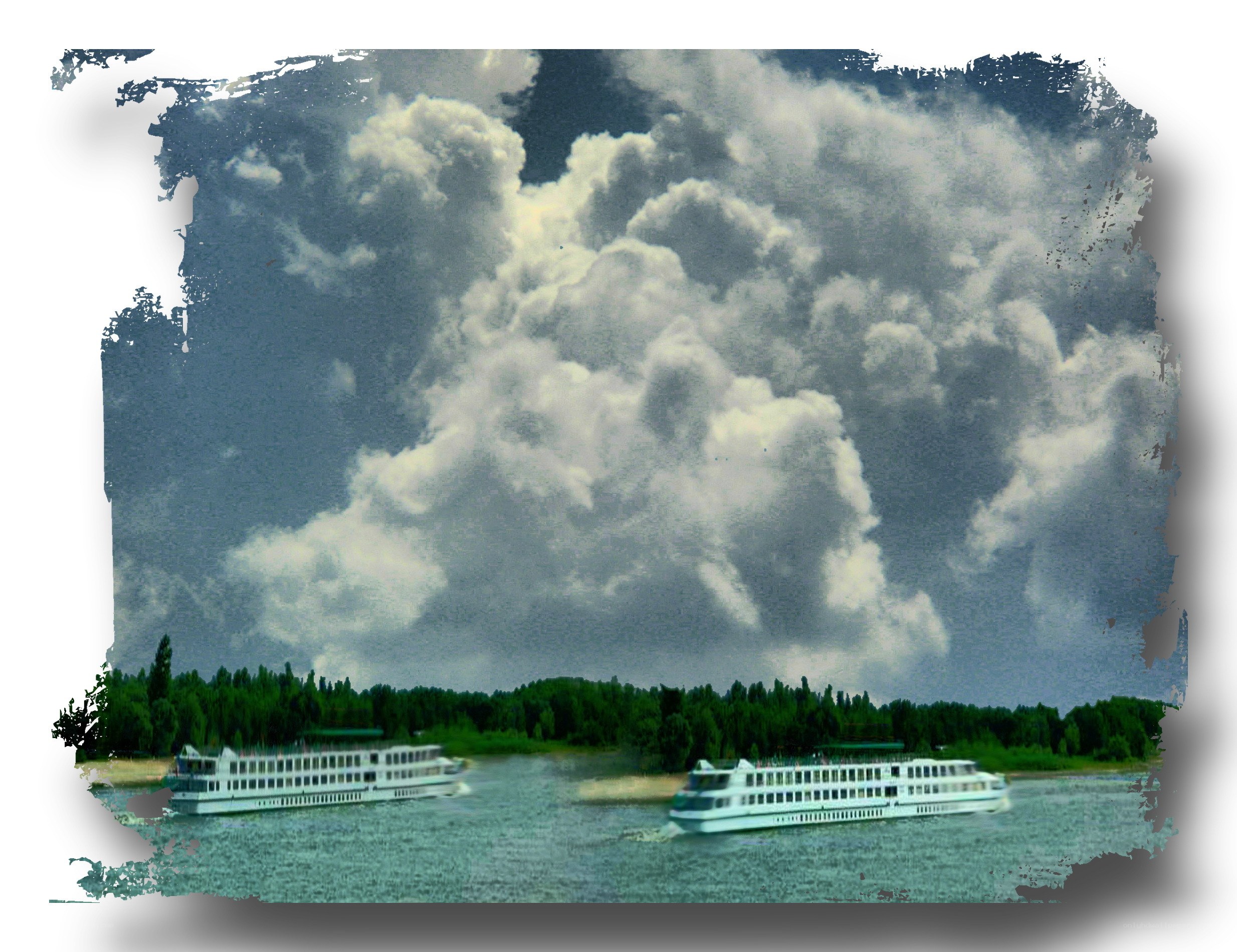 River cruise ships under cloudy sky
