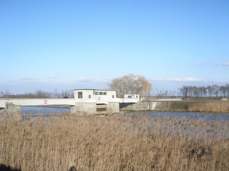 River dam with control building