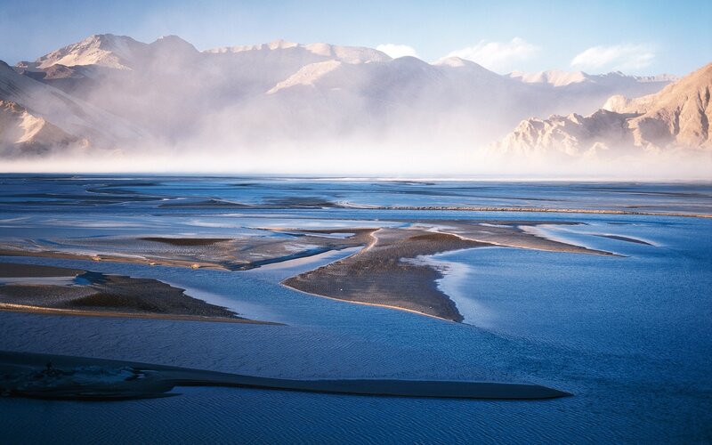 River Delta in Mountains — Blue