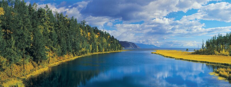 River Flowing into Lake — Blue, Serene, Autumn
