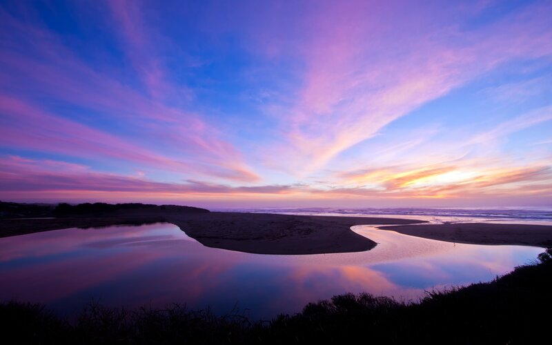 River Flowing into Ocean — Purple, Serene, Sunset