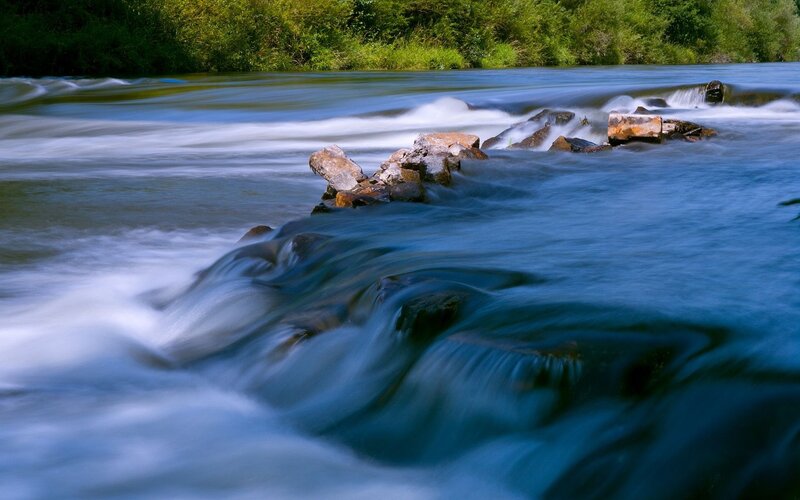 River Flowing over Rocks — Blue, Calm, Afternoon