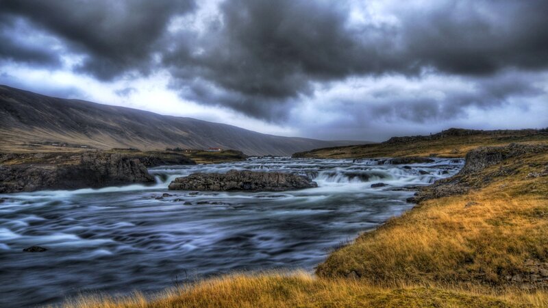 River Flowing over Rocks — Blue, Dramatic, Photograph, Mountain
