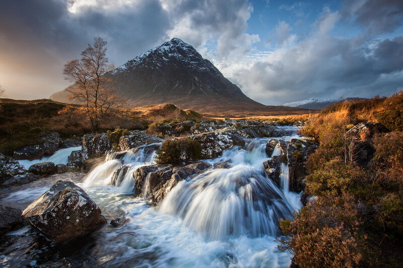 River Flowing over Rocks — Blue, Dramatic, Sunset, Photograph, Mountain