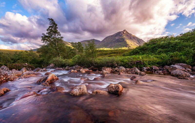 River Flowing over Rocks — Blue, Dramatic, Sunset, Photograph, Mountain, Trees