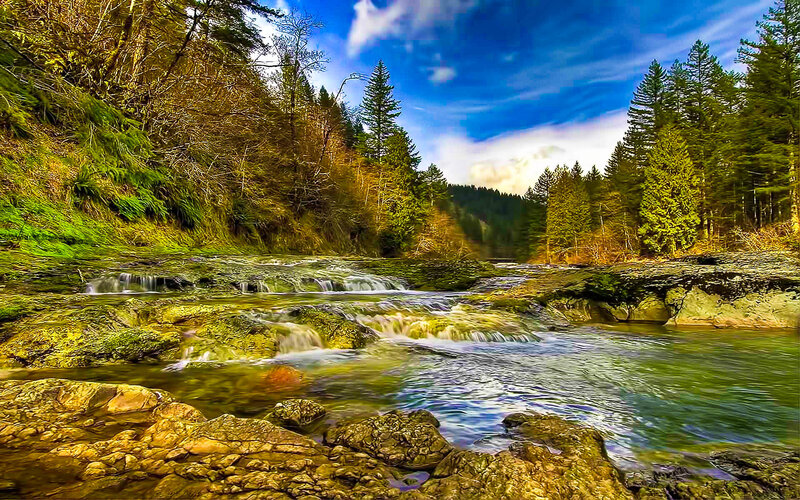 River Flowing over Rocks — Blue, Serene, Afternoon, Photograph, Trees, Forest
