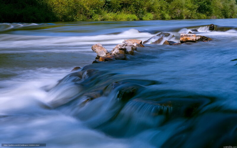 River Flowing over Rocks — Blue, Serene, Afternoon, Photograph, Trees, Water