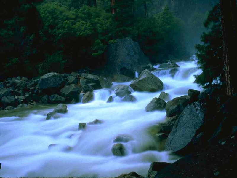 River Flowing over Rocks — Blue, Serene, Night