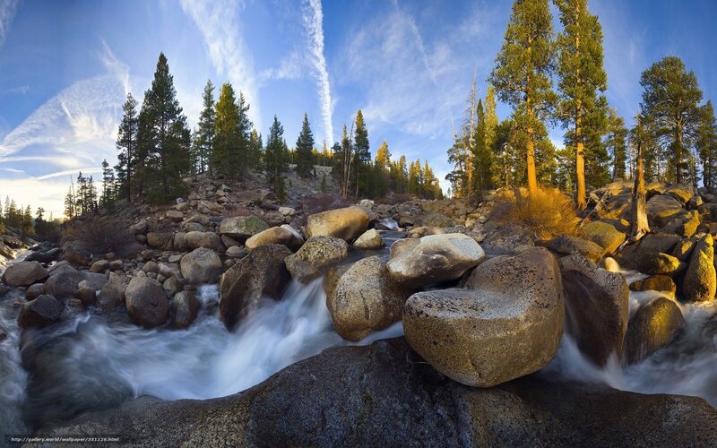 River Flowing over Rocks — Blue, Serene, Sunset, Photograph, Trees