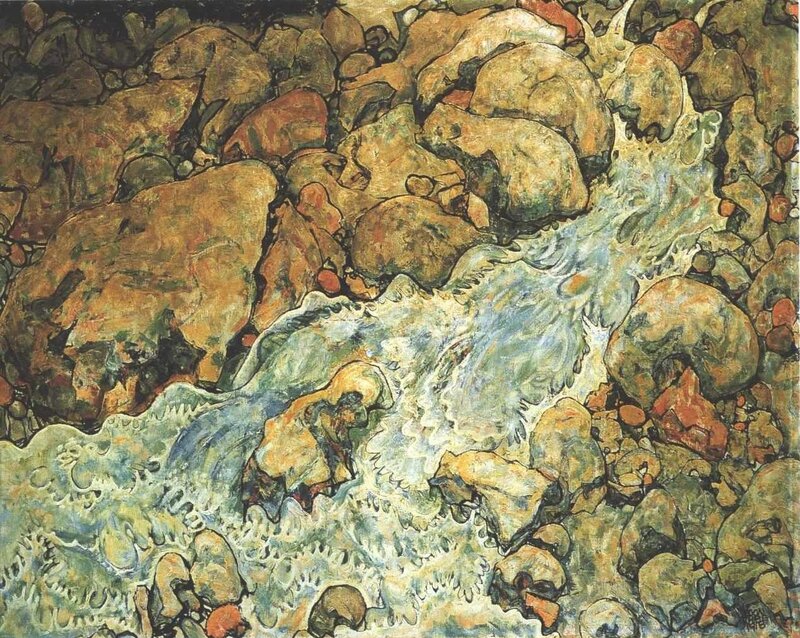 River Flowing over Rocks — Brown, Dynamic, Painting, Water