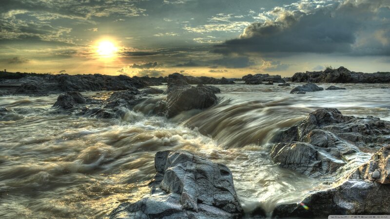 River Flowing over Rocks — Gray, Dramatic, Sunset