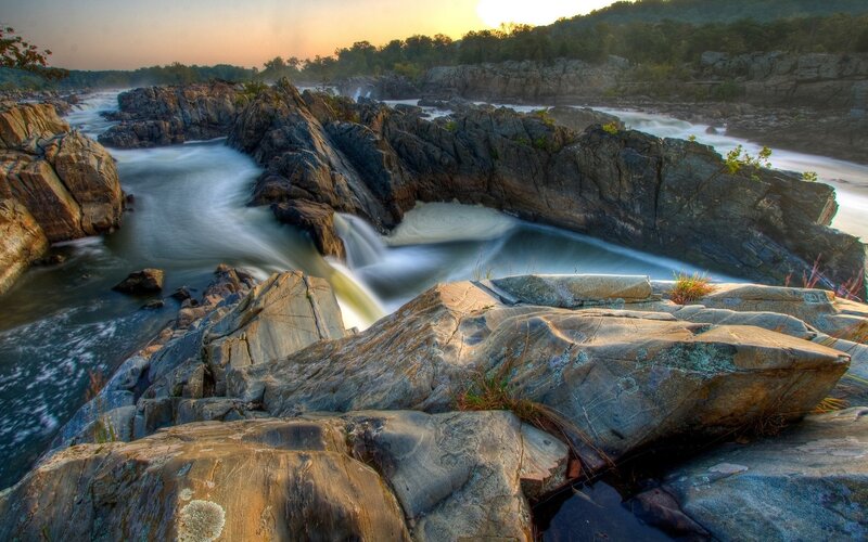 River Flowing over Rocks — Gray, Serene, Sunset