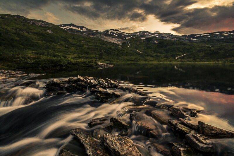 River Flowing over Rocks — Green, Dramatic, Sunset