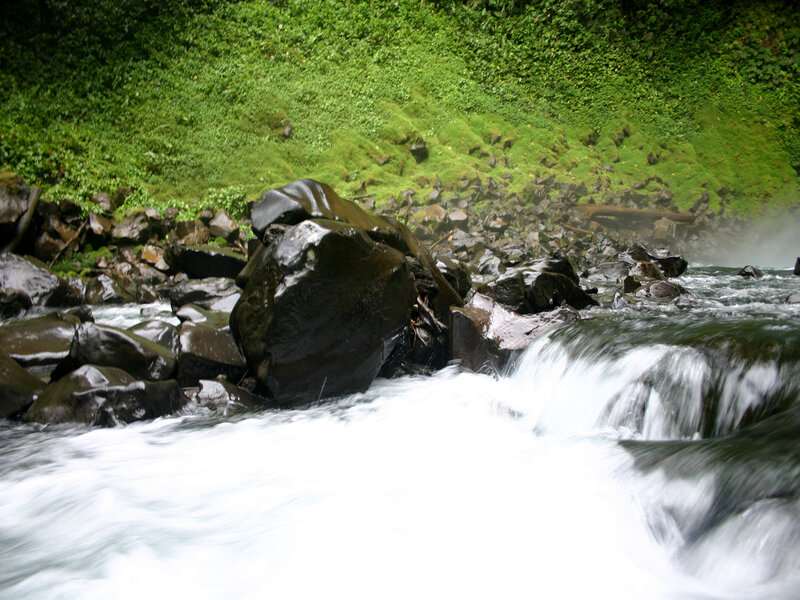 River Flowing over Rocks — Green, Natural, Photograph, Moss