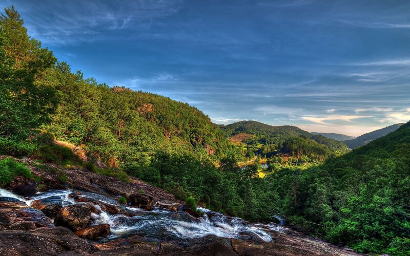 River Flowing over Rocks — Green, Serene, Afternoon, Photograph, Trees, Hills