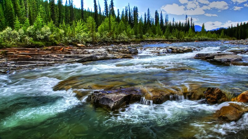 River Flowing over Rocks — Green, Serene, Afternoon