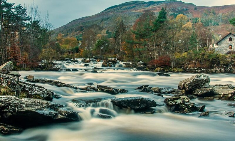 River Flowing over Rocks — Green, Serene, Autumn, Photograph, Trees, Mountain