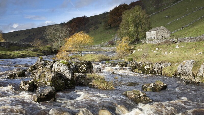 River Flowing over Rocks — Green, Serene, Autumn