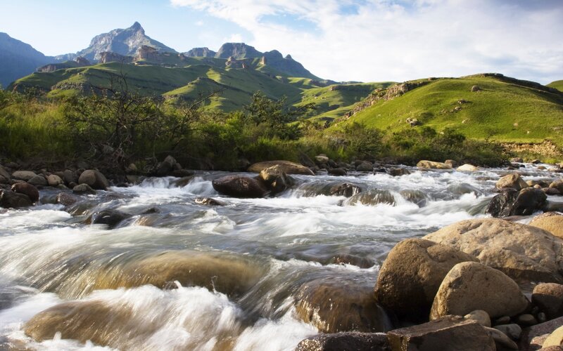 River Flowing over Rocks — Green, Serene, Morning