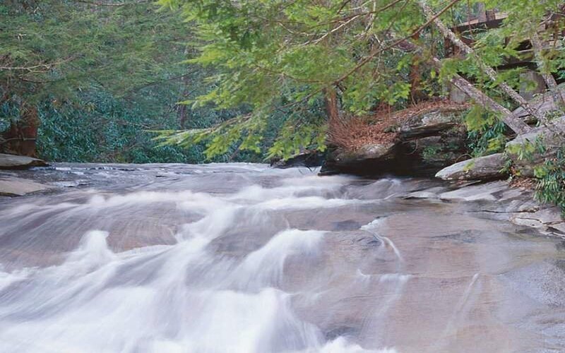 River Flowing over Rocks — Green, Serene, Photograph, Trees, Forest