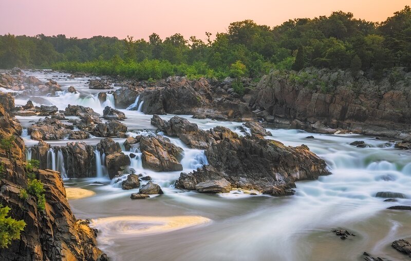 River Flowing over Rocks — Green, Serene, Sunset, Photograph