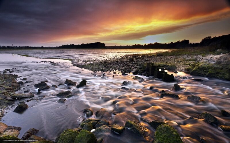 River Flowing over Rocks — Orange, Dramatic, Sunset, Photograph, Sky