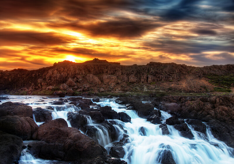 River Flowing over Rocks — Orange, Dramatic, Sunset