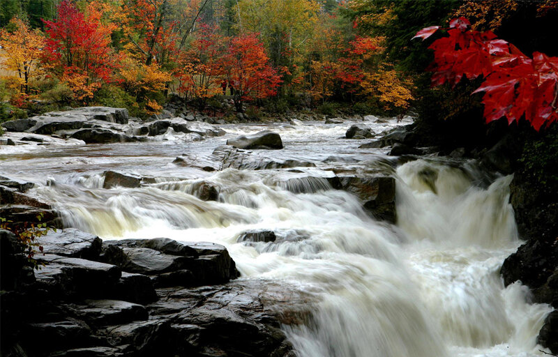 River Flowing over Rocks — Red, Serene, Autumn