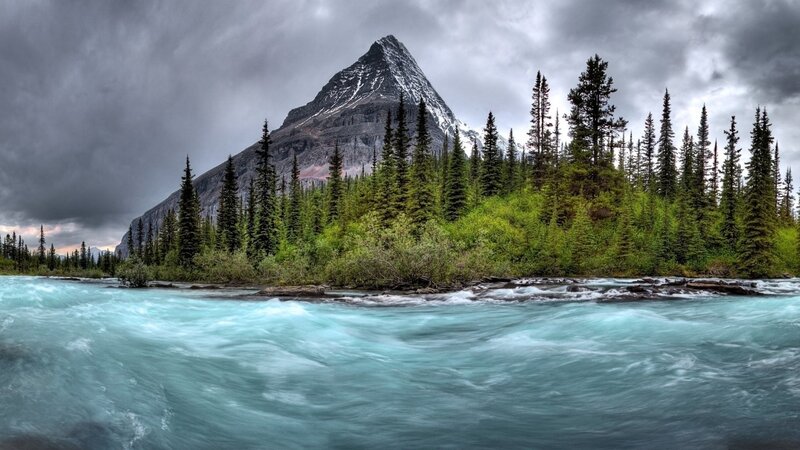River Flowing Past Mountain — Blue, Dramatic, Photograph, Trees, Green