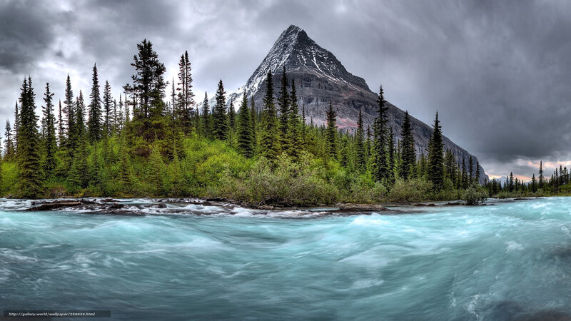 River Flowing Past Mountain — Blue, Dramatic, Photograph, Trees
